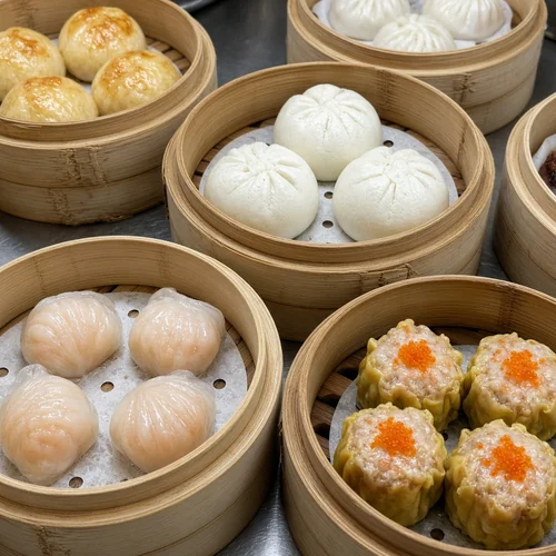 Dim sum in bamboo steamers at Asian Buffet in Calgary