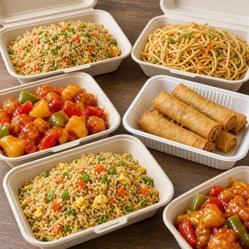 Chinese takeout dishes in containers for a family dinner from Asian Buffet, Calgary