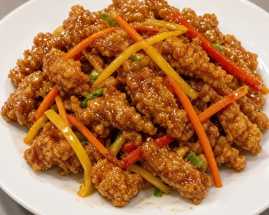 Crispy ginger beef with carrots and peppers from Asian Buffet, Calgary