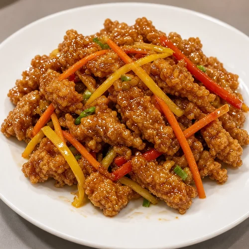 Crispy ginger beef with carrots and peppers from Asian Buffet, Calgary
