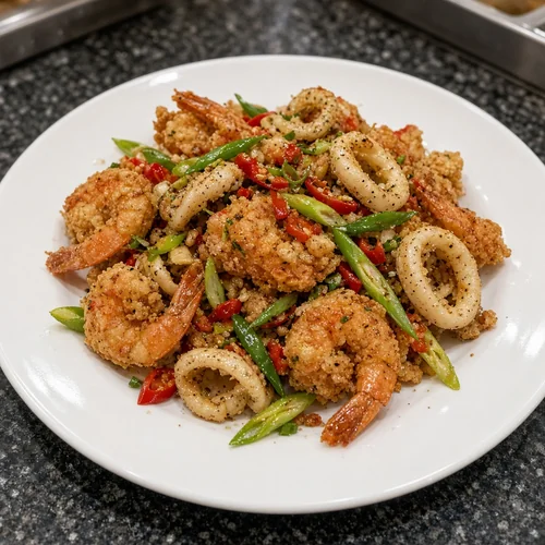 Salt and pepper mixed seafood with shrimp and squid from Asian Buffet, Calgary