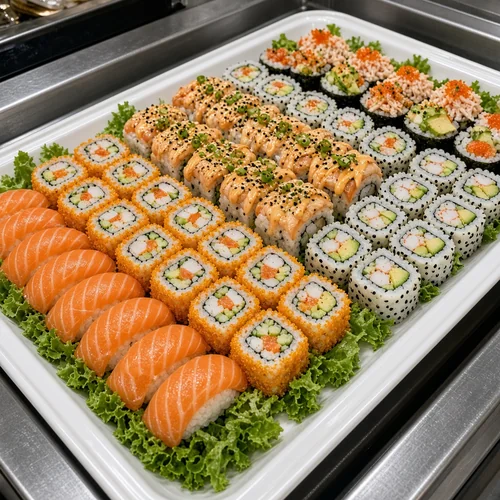 Tray of sushi and rolls at Asian Buffet in Calgary
