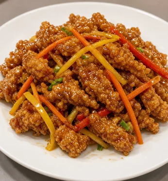 Crispy ginger beef with carrots and peppers from Asian Buffet, Calgary