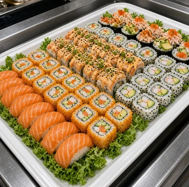 Tray of sushi and rolls at Asian Buffet in Calgary
