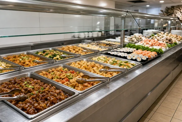 Buffet counter with trays of hot Chinese dishes at Asian Buffet, Calgary