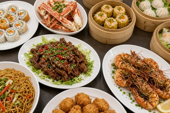 Table spread of sushi, crab legs, dim sum, beef and noodles at Asian Buffet, Calgary