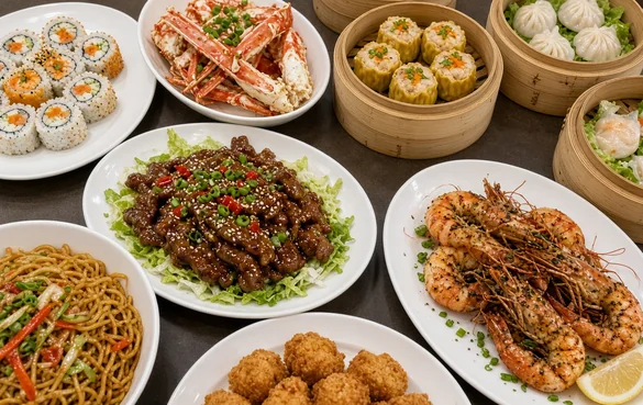 Table spread of sushi, crab legs, dim sum, beef and noodles at Asian Buffet, Calgary