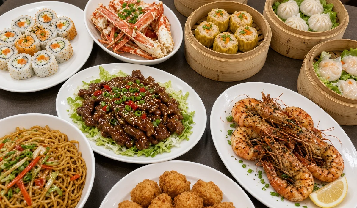 Table spread of sushi, crab legs, dim sum, beef and noodles at Asian Buffet, Calgary