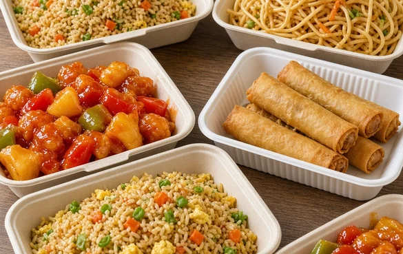 Chinese takeout dishes in containers from Asian Buffet, Calgary