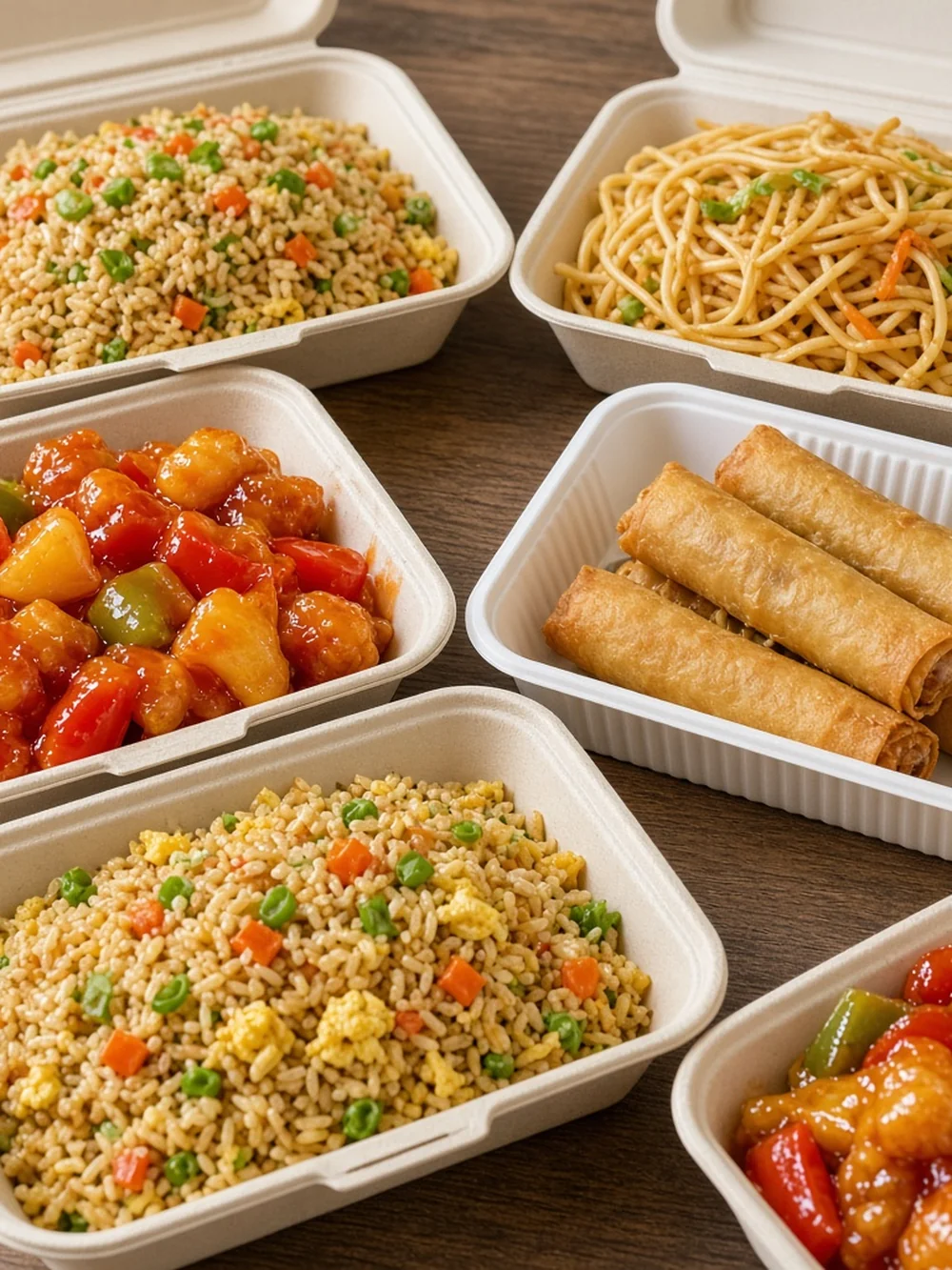 Chinese takeout dishes in containers for a family dinner from Asian Buffet, Calgary